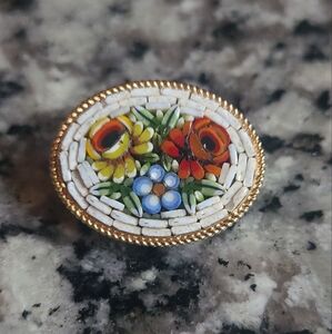 Floral Mosaic Brooch - Gold, White, Multicolor